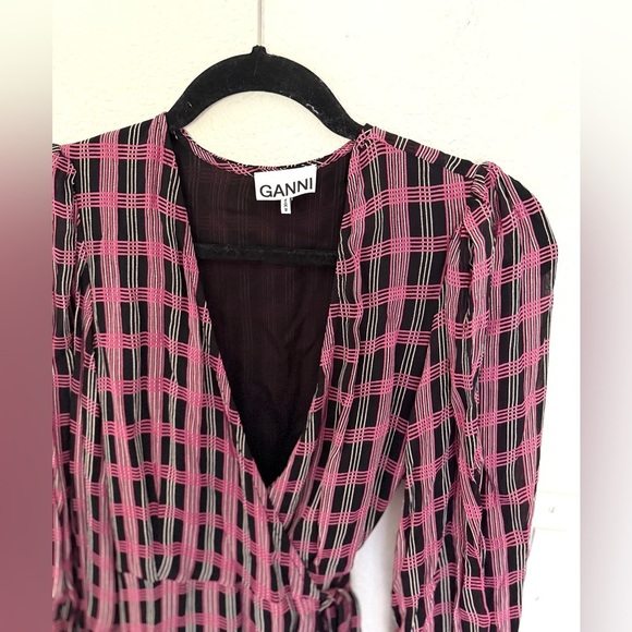 Ganni Georgette Plaid Check Mini Wrap Dress - Picture 4 of 7